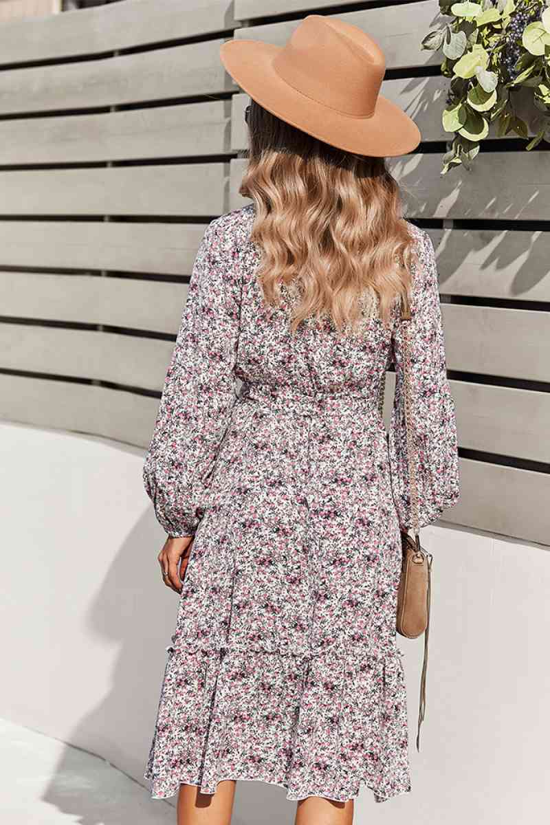Floral V Neck Ruffle Swing Dress