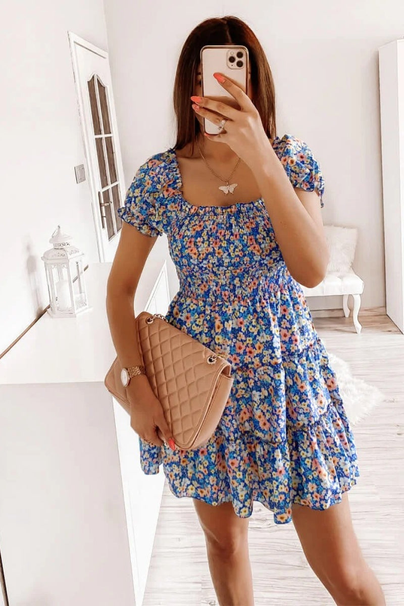 Square Neck Shirred Ruffle Hem Mini Dress