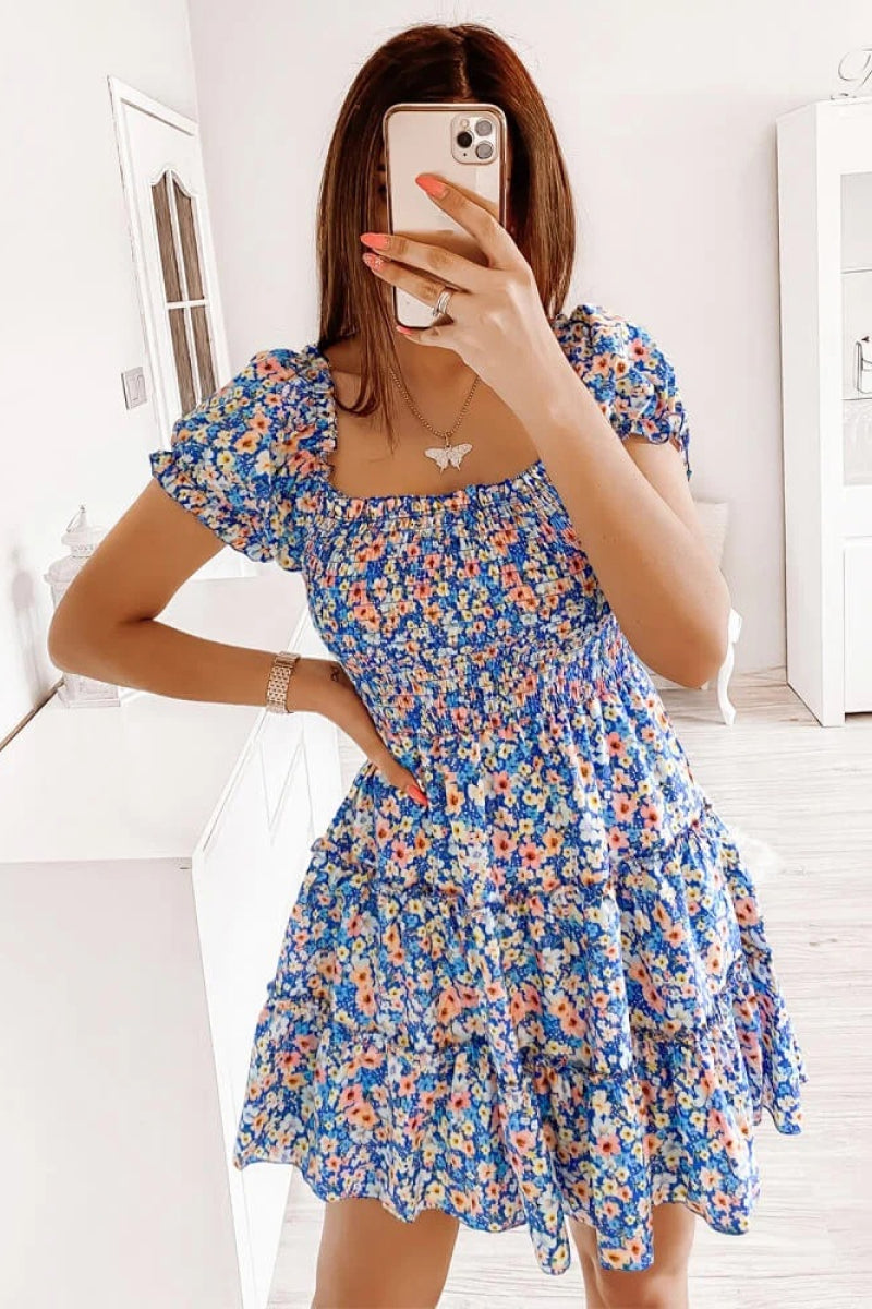 Square Neck Shirred Ruffle Hem Mini Dress