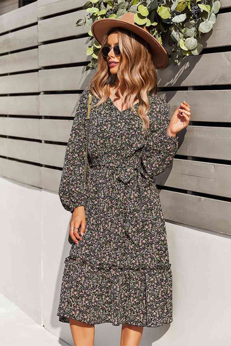 Floral V Neck Ruffle Swing Dress