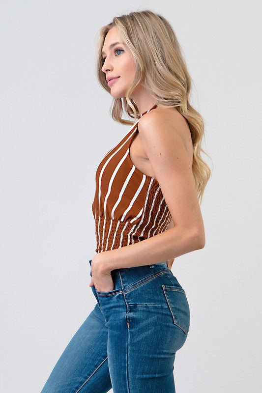 Smocking Waist Band Stripe Halter Neck Top