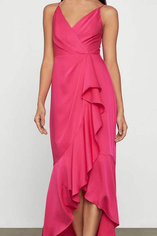 BCBGMAXAZRIA Faux Wrap Ruched Ruffle Dress