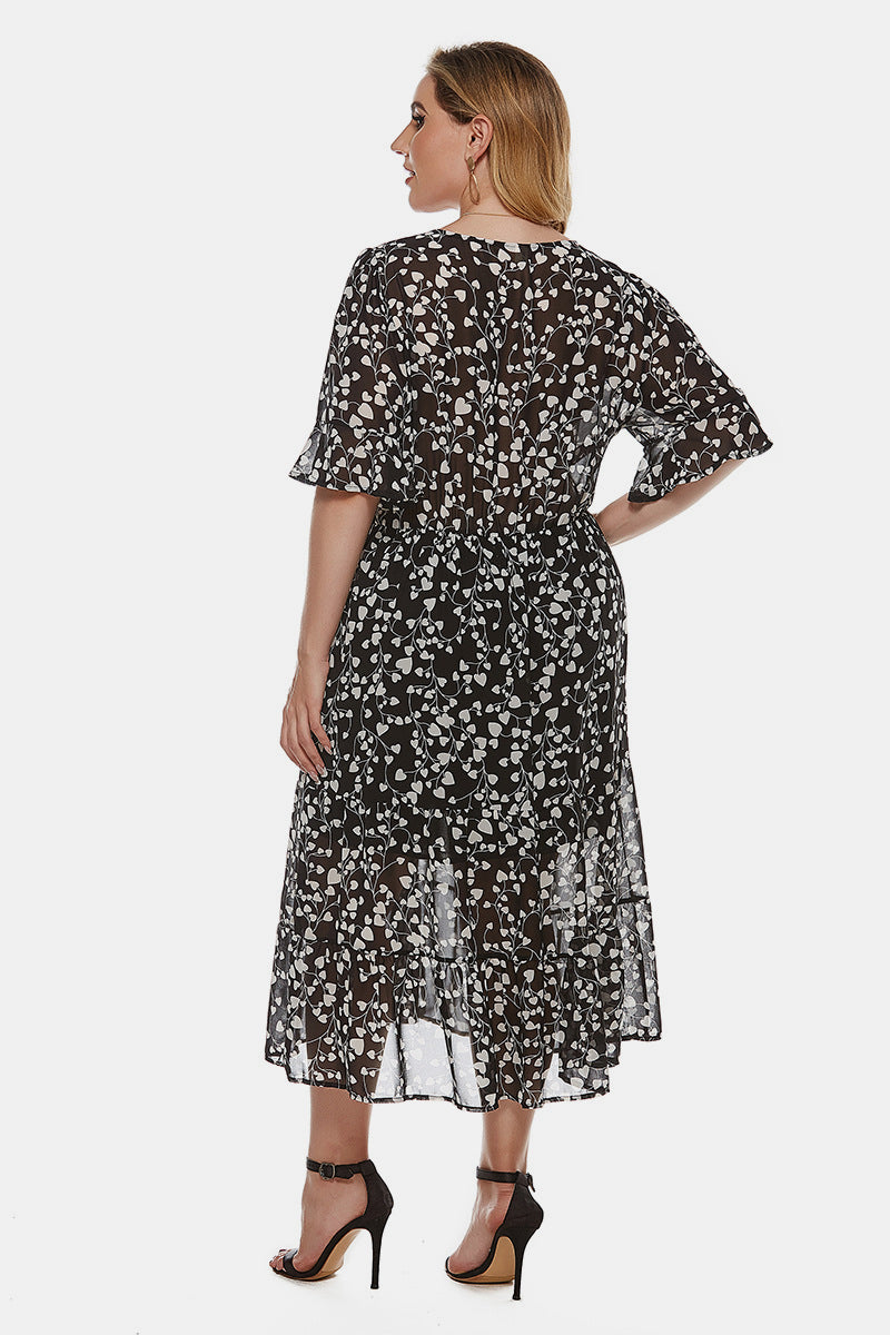 Floral Ruffle-Neck Flutter-Sleeve Wrap Dress
