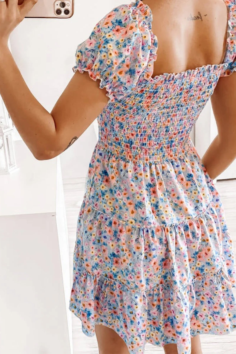 Square Neck Shirred Ruffle Hem Mini Dress