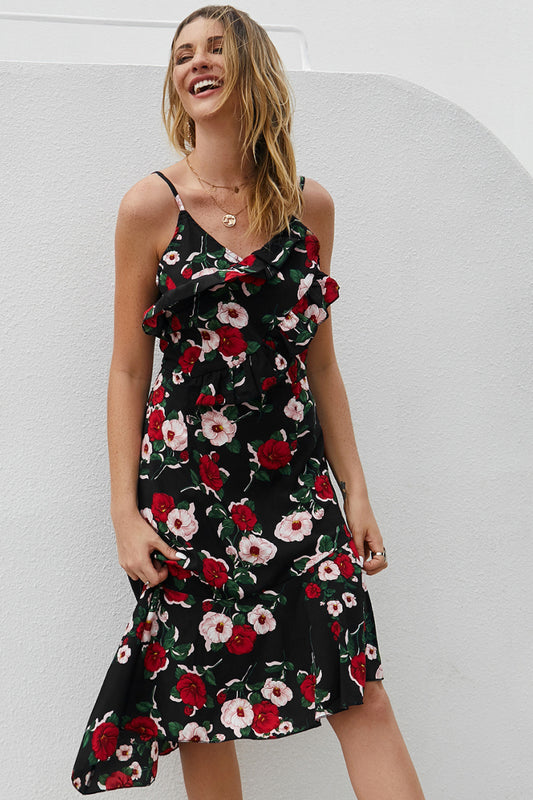 Ruffled Floral Asymmetrical Hem Dress