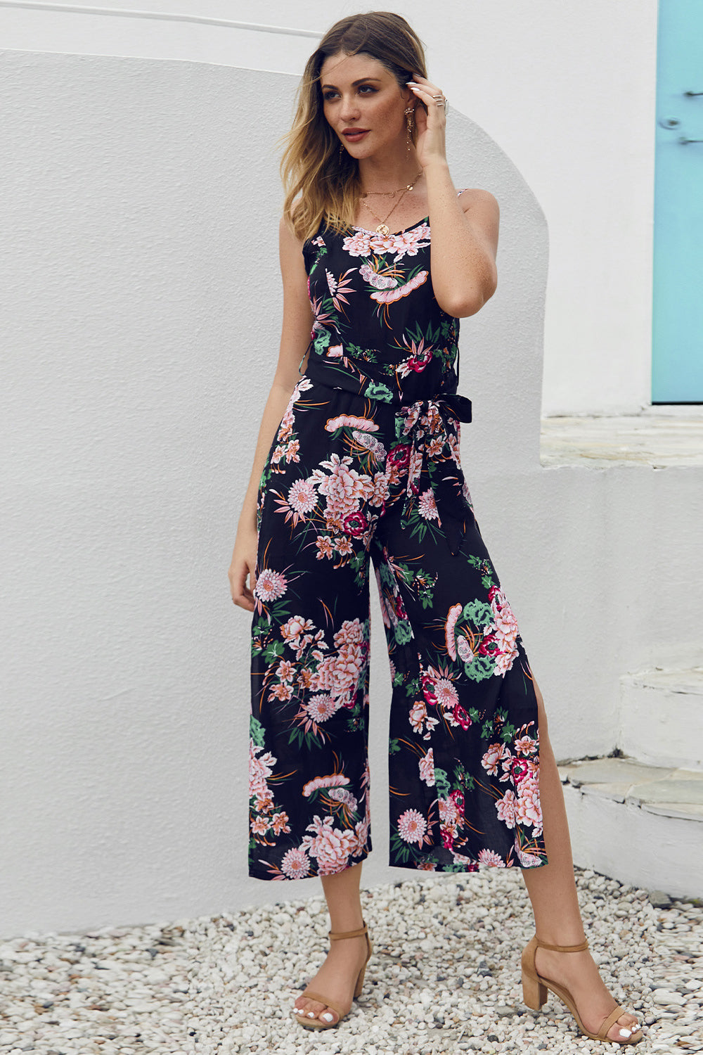 Floral Backless High Split Jumpsuit