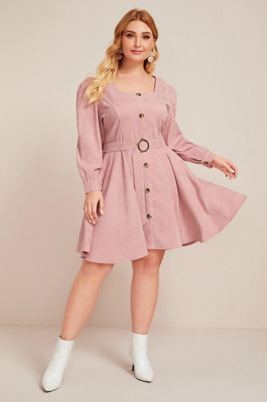 Square Neck Long Sleeve Button up A Line Dress