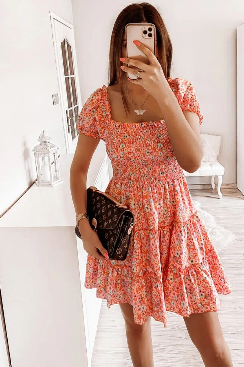 Square Neck Shirred Ruffle Hem Mini Dress