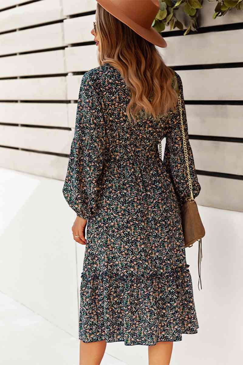Floral V Neck Ruffle Swing Dress