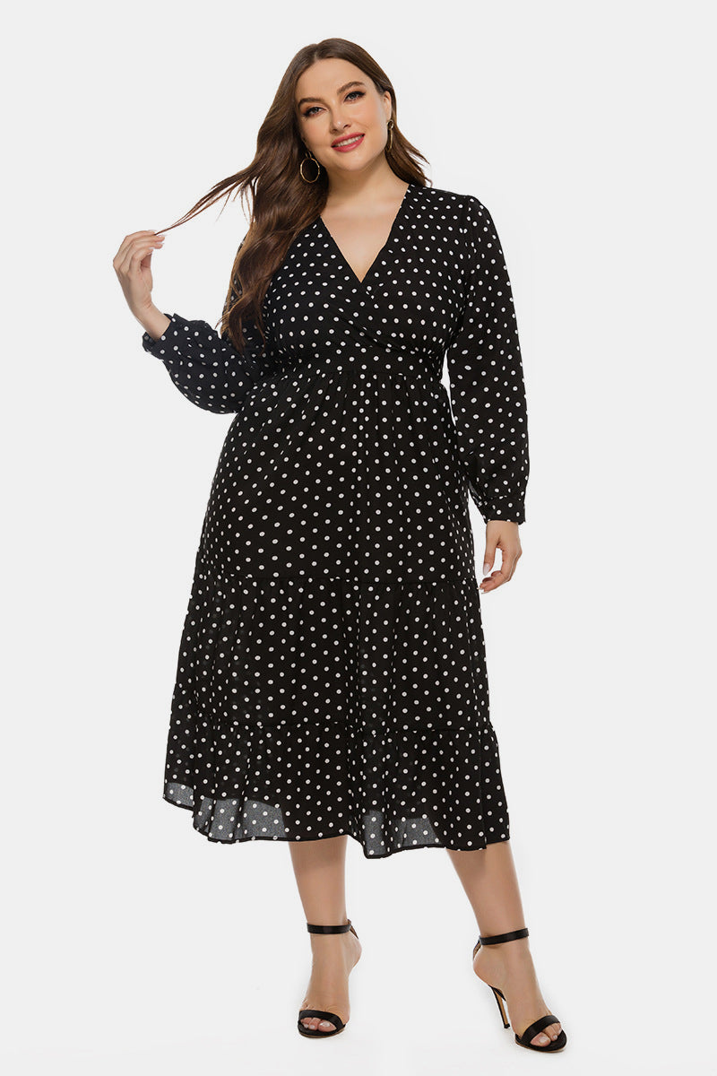 Plus Polka Dot V Neck Ruffle Hem Dress