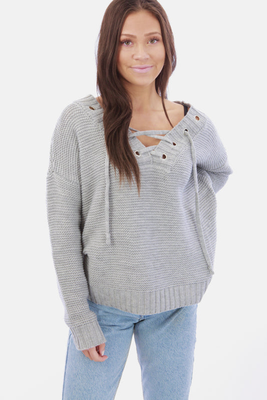 Lace Up Solid Shaker Knit Sweater