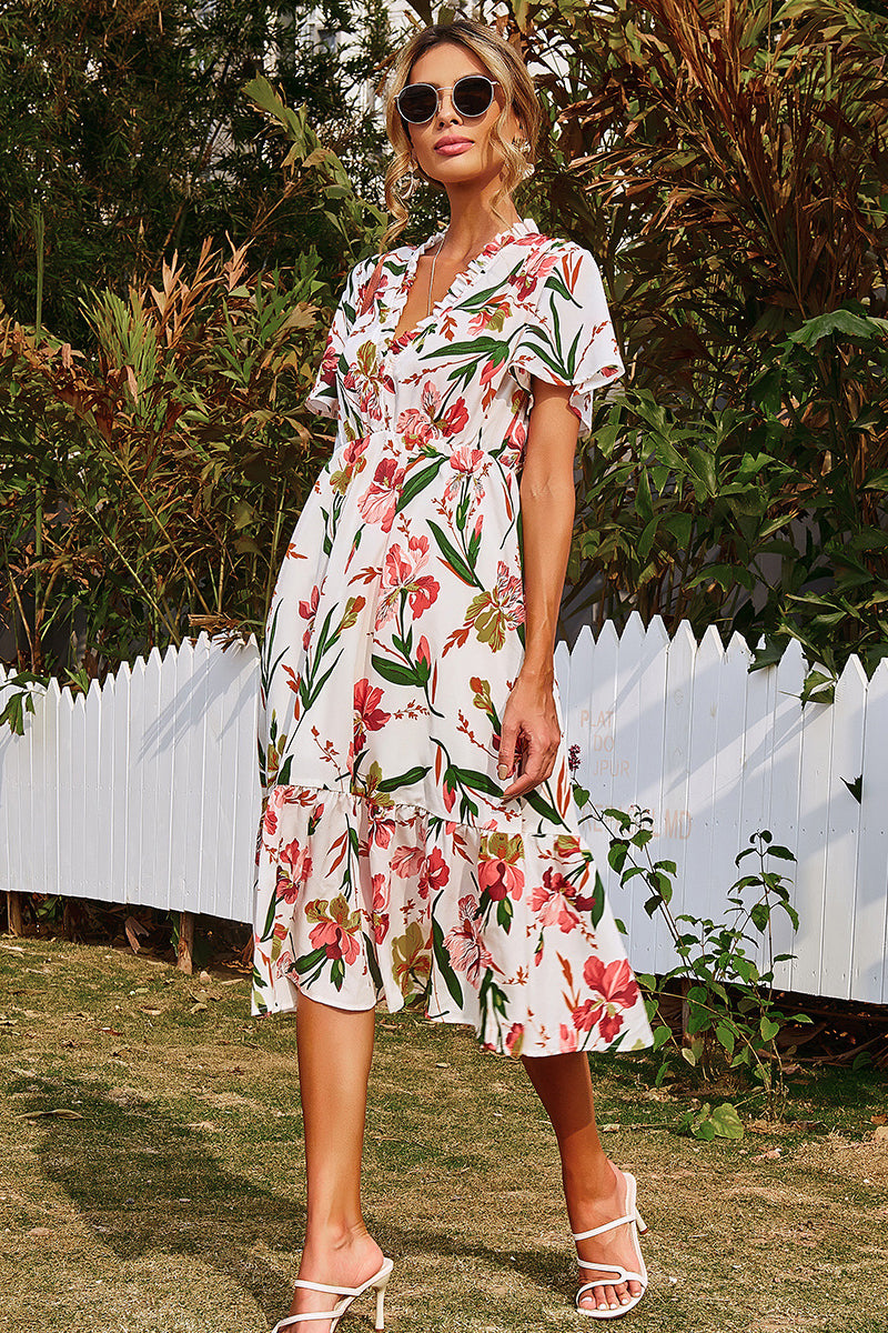 Floral Asymmetrical Ruffle Hem Dress