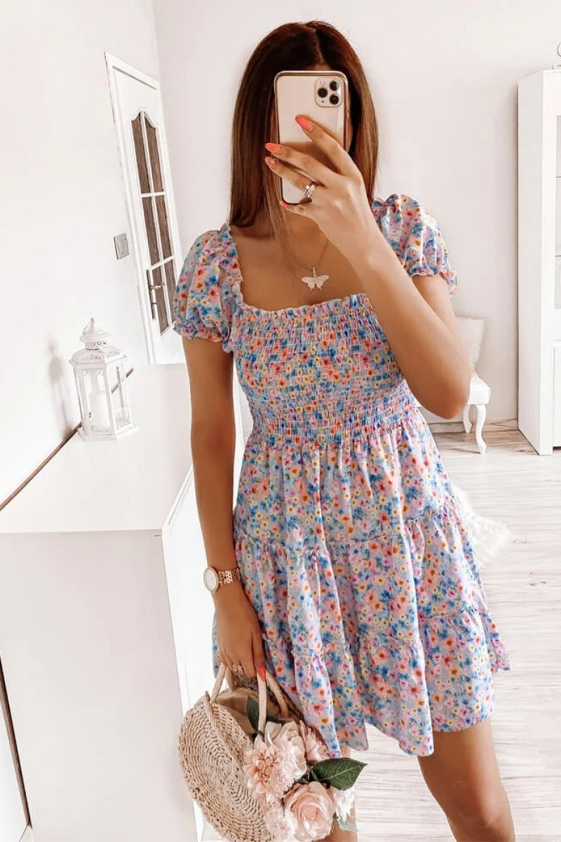 Square Neck Shirred Ruffle Hem Mini Dress